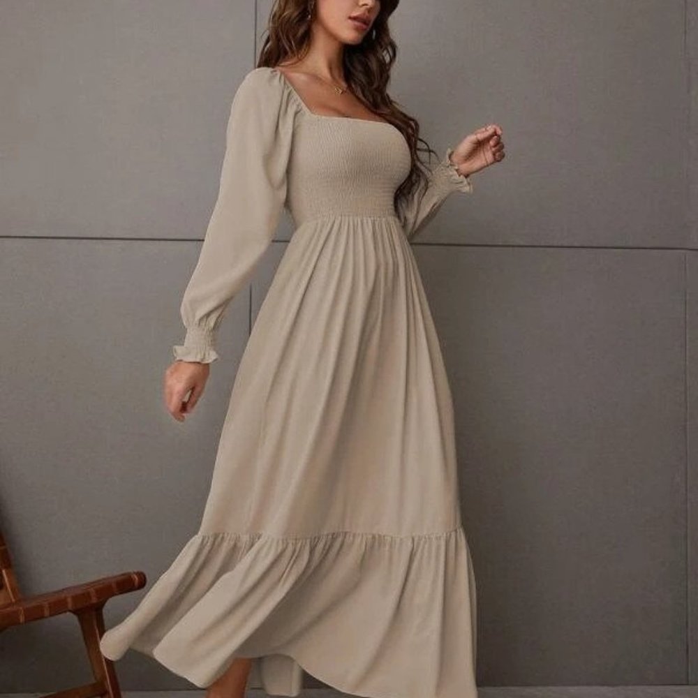 Boho Khaki Square Neck Shirred Ruffle Hem Dress - Picture 2 of 5
